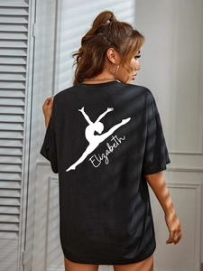 Women's loose black short sleeve T-shirt with white Elizabeth gymnast print on back