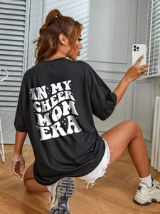 Women loose black cotton t-shirt with IN MY CHEER MOM ERA print for casual street style