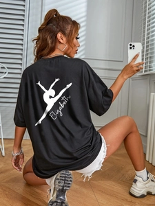 Oversized black crewneck T-shirt with white Elizabeth gymnastics print on the back