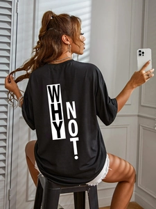 T-Shirt Décontracté Ample pour Femmes Col Rond Manches Courtes WHY NOT Imprimé Lettres Streetwear Oversize Top Mélange de Coton Noir