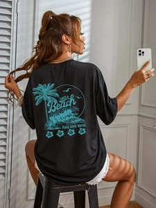 Damen Oversized Schwarz T-Shirt Strand Grafik Druck Kurzarm Baumwollmischung Rundhals Lässig Sommer Urlaub Streetwear Top