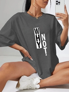 Detail of grey oversized T-shirt with Why Not slogan print and drop shoulder design