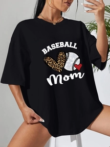Women's Casual Oversized Short Sleeve T-Shirt Baseball Mom Leopard Heart Print Round Neck Loose Cotton Blend Top
