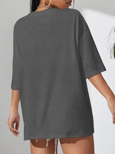 Detailed back view of oversized dark gray t-shirt with dropped shoulders and loose fit