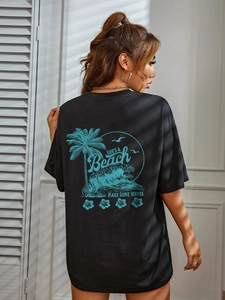 Damen Oversized T-Shirt in Schwarz mit tropischem Strand-Rückenprint und Palmen