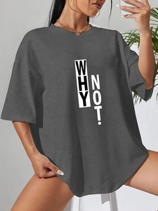 Close-up of Why Not! print on dark grey oversized cotton t-shirt with crew neck