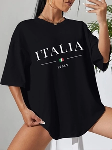 T-Shirt Décontracté Oversized pour Femmes Italia Drapeau Italie Imprimé Lettre Col Rond Manches Courtes Streetwear Top