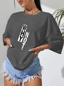 Detail of oversized dark grey T-shirt featuring WHY NOT graphic print and crew neck