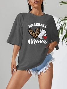 Detail view of loose dark grey t-shirt featuring artistic BASEBALL Mom print