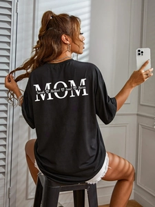 Women's Oversized Cotton Blend T-Shirt Casual Round Neck Short Sleeve MOM Letter Print Streetwear Loose Top