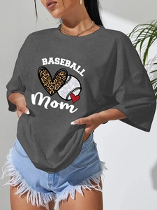 Detail of loose fit baseball mom graphic t-shirt with leopard heart and drop shoulder style