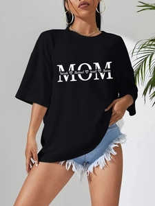 Women's Casual Cotton Blend Oversized Short Sleeve T-Shirt MOM Letter Print Round Neck Streetwear Summer Top