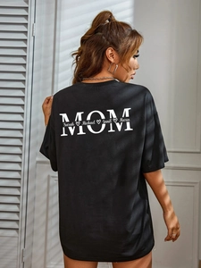 Women's black casual loose t-shirt with custom white MOM print and family names