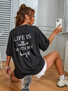 Women Casual Oversized T-Shirt Cotton Blend Crew Neck Short Sleeve Back Letter Print Slogan Streetwear Loose Top