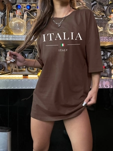 T-shirt marron oversize imprimé Italia avec col rond et épaules tombantes décontracté