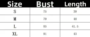 Detailed size chart for women's slim fit tank top including bust and length measurements