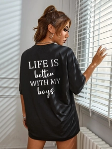 Black oversized T-shirt for women with LIFE IS BETTER WITH MY BOYS print on back