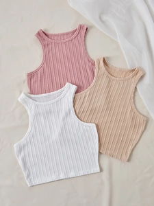 Women sleeveless slim fit ribbed knit crop top in pink, beige and white colors