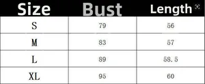 Size chart for sleeveless slim fit top showing bust and length measurements in cm