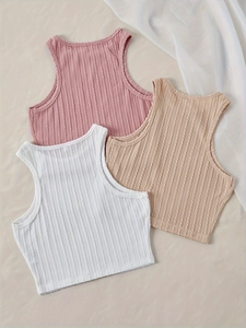 Three-piece set of cable knit crop tank tops in pink, beige, and white colors