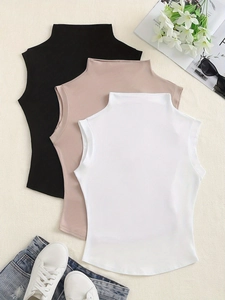 Women Sexy Sleeveless Mock Neck Tank Top Polyester Spandex Slim Fit Solid Color Casual Streetwear Top For Ladies