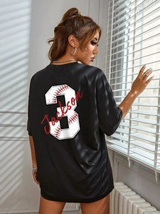 Oversized black crewneck T-shirt featuring a Jackson 3 baseball graphic on the back