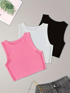 Lot de 3 crop tops côtelés rose, blanc et noir, débardeurs tricotés sans manches slim