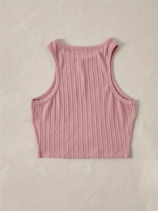 Pink cable knit sleeveless crop top with crew neck and ribbed texture for women