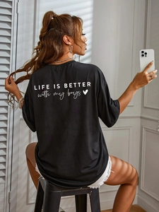 T-Shirt Noir Décontracté Ample pour Femme Col Rond Manches Courtes Imprimé Lettres Motif Coeur Streetwear Mode Haut Tee Confortable