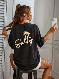 Women Casual Loose T-Shirt Round Neck Short Sleeve Salty Letter Coconut Tree Print Summer Street Style Black Top