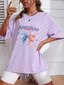 T-shirt oversize lavande pour femme avec imprimé nœud drapeau USA et lettrage Girly