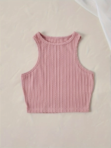 Pink cable-knit sleeveless crop top for women featuring a slim fit and crew neck design
