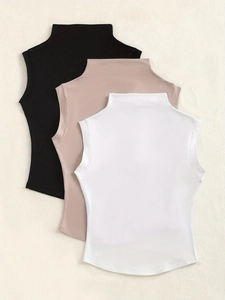 Three-pack of women's sleeveless high-neck slim fit tops in black, brown, and white