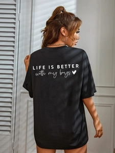 T-shirt noir femme décontracté avec imprimé Life Is Better With My Boys au dos