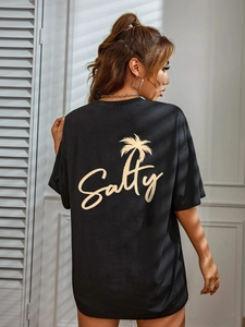 Women's black oversized T-shirt with Salty print and palm tree on back, summer style