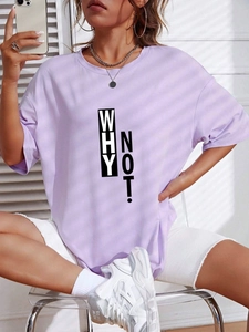Women's lavender loose fit cotton T-shirt with Why Not print and round neckline