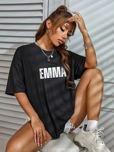 Women's black loose-fit cotton T-shirt with EMMA letter print and round neck casual style