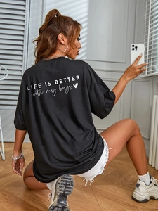T-shirt femme noir ample à manches courtes avec imprimé Life is Better dans le dos
