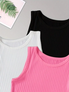 Lot de 3 débardeurs en maille côtelée noir, blanc et rose avec col rond pour femme