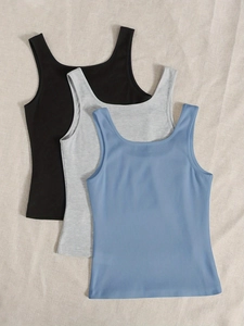 Tre canottiere da donna slim in maglia a coste nei colori nero grigio e blu azzurro