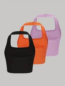 Sleeveless ribbed knit halter crop top for women in black, orange and lavender colors
