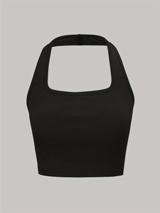 Women's sexy black ribbed knit halter neck crop top with slim fit and square neckline