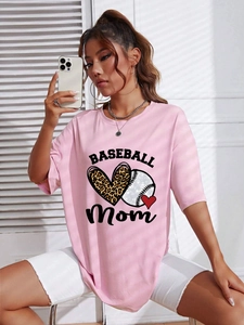 Detailed view of pink casual tee with Baseball Mom leopard heart and baseball print