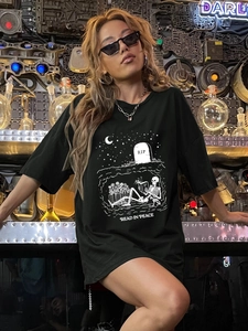 Women Casual Oversized T-Shirt Streetwear Cotton Blend Round Neck Short Sleeve Top With Skeleton Graphic Reading Print