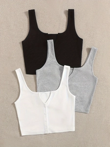 Set of three ribbed crop tank tops in black, white, and grey with square neckline