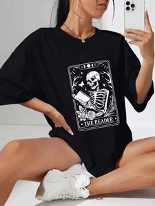 Damen Oversized Casual T-Shirt Rundhals Kurzarm Tarot Stil Skelett Lesen Druck Streetwear Baumwollmischung Sommer Top