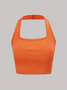 Slim fit ribbed orange crop top with a sleeveless square neck halter design for women