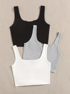 Three-pack ribbed sleeveless crop tops in black, white and grey with square neckline