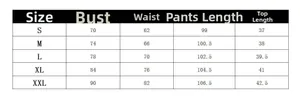 Size chart for women's two-piece set including bust, waist, top and pants measurements