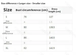 Detailed size chart for women's elegant pleated maxi dress from S to XL in centimeters